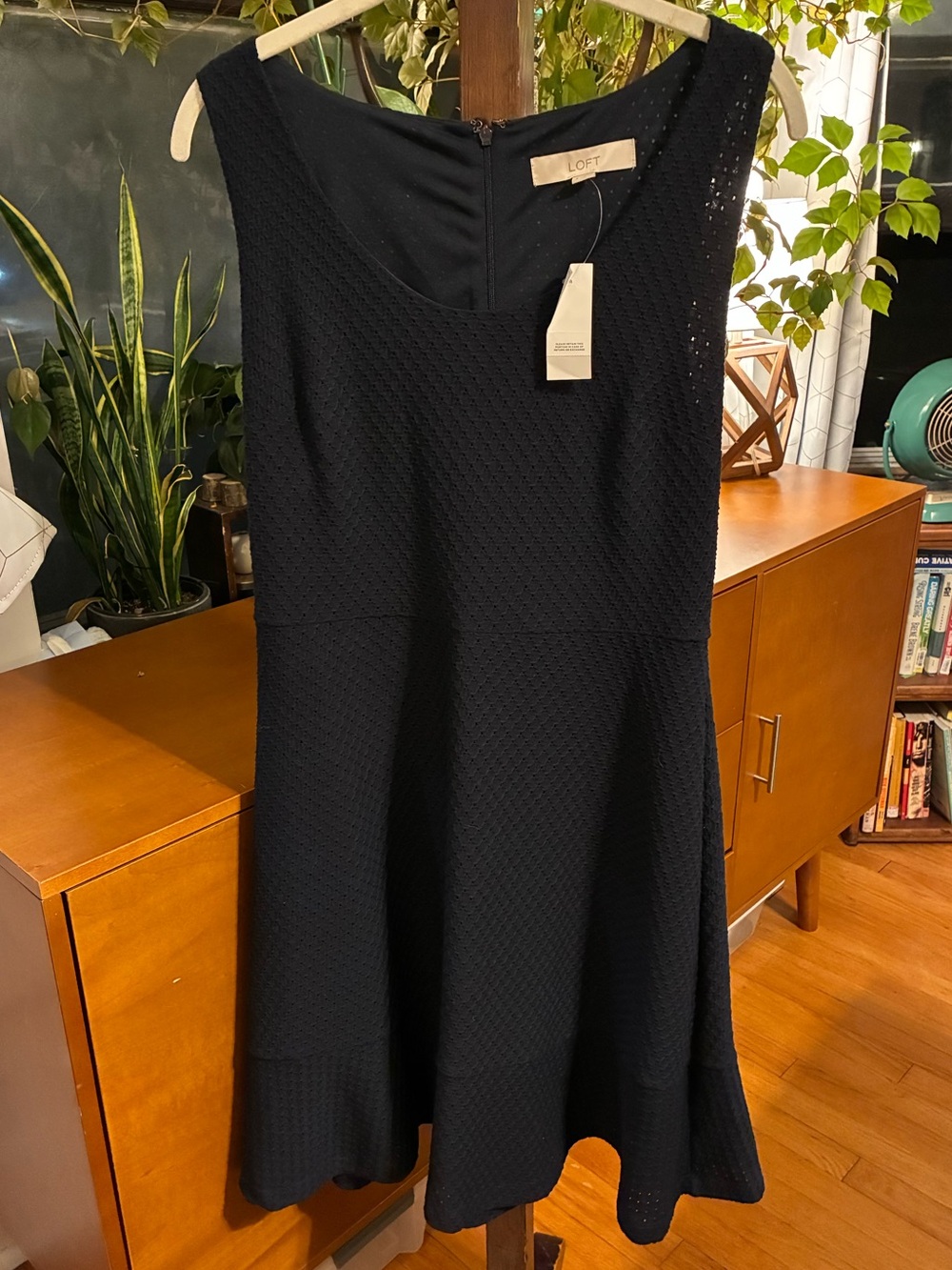 LOFT Navy Textured Sleeveless Fit-and-Flare Dress